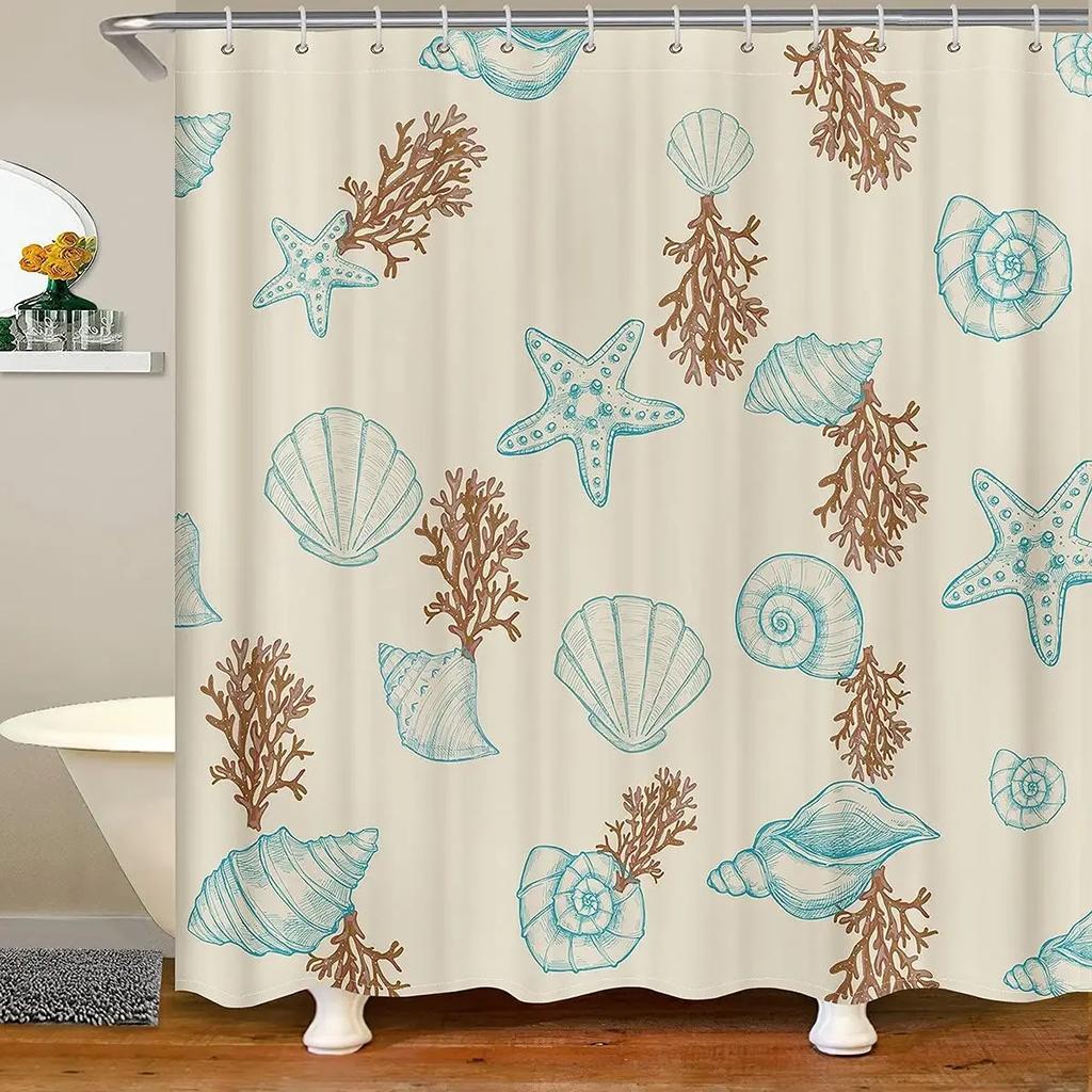 Vibrant Sea Life Watercolor Print Water-Resistant Shower Curtain With Colorful Shells And Fish For Ocean-Themed Bathroom Decor
