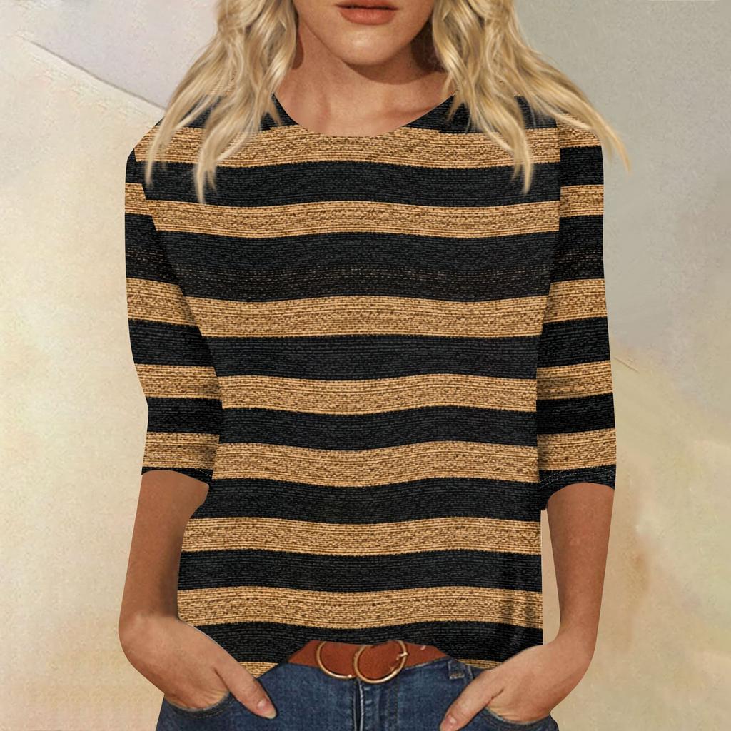Modisches, lässiges Damen-T-Shirt mit Rundhalsausschnitt, Dreiviertelärmeln und Streifenmuster