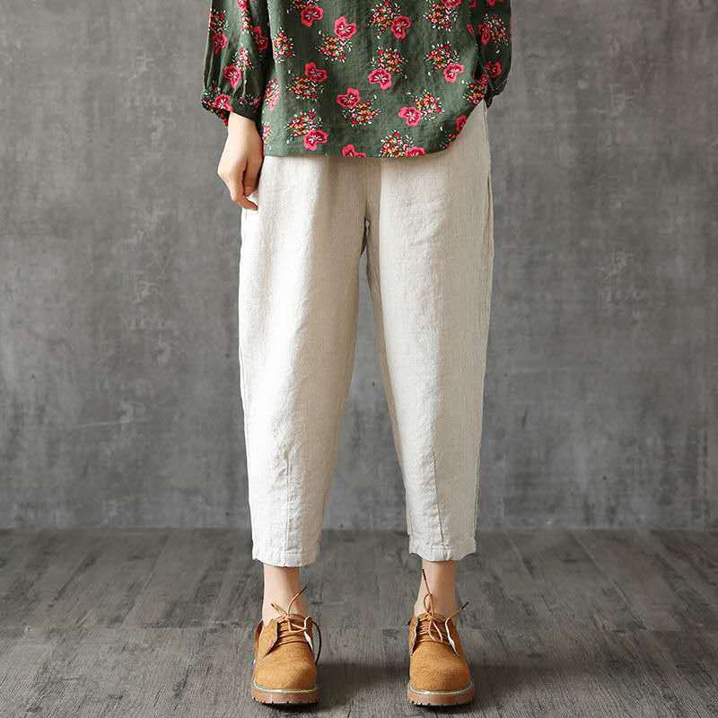 Women Plus Size Harem Cropped Pants Elastic Waist Cotton Linen Blend Loose Casual Summer Tapered Trousers