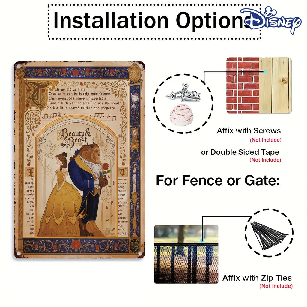 1pc Disney Beauty and the Beast Metal Tin Sign - Vintage Romantic Belle & Beast Wall Art, Durable Iron 20.32x30.48 Cm Outdoor/In