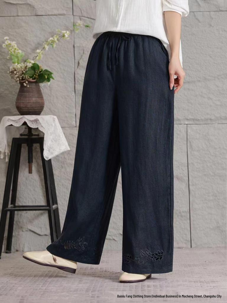 2026 Women's Summer Linen Wide-Leg Straight-Leg Slimming Casual Pants - Lightweight, Breathable, Large Size, Simple Fashion