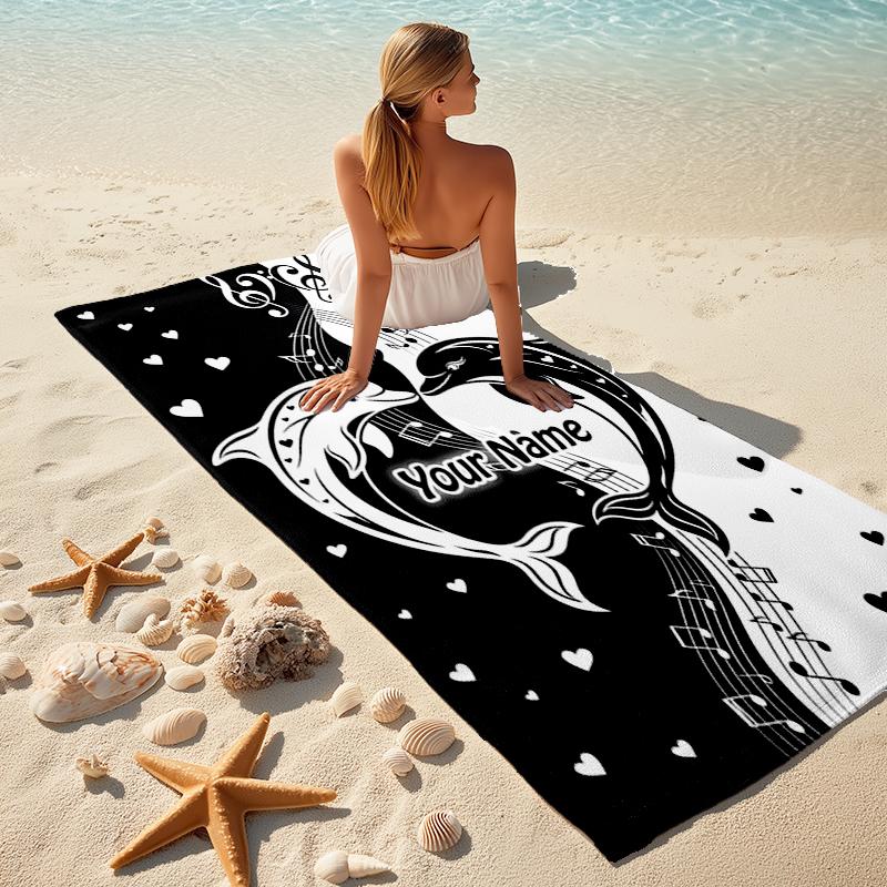 1PC Custom Name Dolphins Music Heart Beach Towel Highly Absorbent And Sand-Resistant Towel for Swimming, Pool, Yoga, And Travel Lightweight