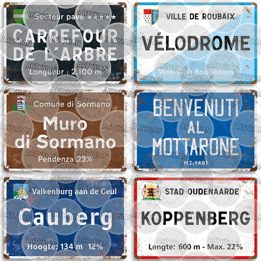 Tour de France Radrennen Radfahren Wahrzeichen Metallplakette Verkehrsschilder Österreich Italien Alpe d Huez Alto de L Angliru Poggio