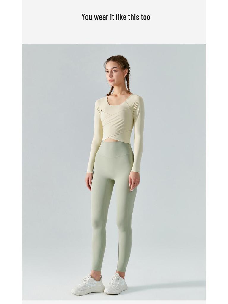 Autumn/Winter Slimming Yoga Top with Built-in Bra and Cross-Pleated Design - Long Sleeve Fitness Wear for Women
