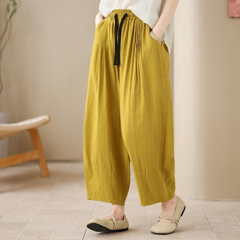 DIMANAF 2026 Summer New Plus Size Women Elastic Waist Long Pants Cotton Linen Loose Vintage Casual Lady Bottoms Clothing