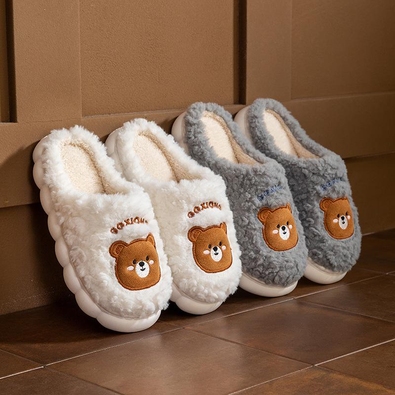 Home cotton slippers couple thick bottom non-slip warm cartoon bear design new home fluff mop