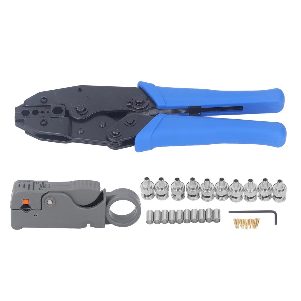 Koaxialkabel Werkzeugset Multifunktionaler Ratschen-Abisolierer Crimpzange Messingstift-Set für RG58 RG59 RG62