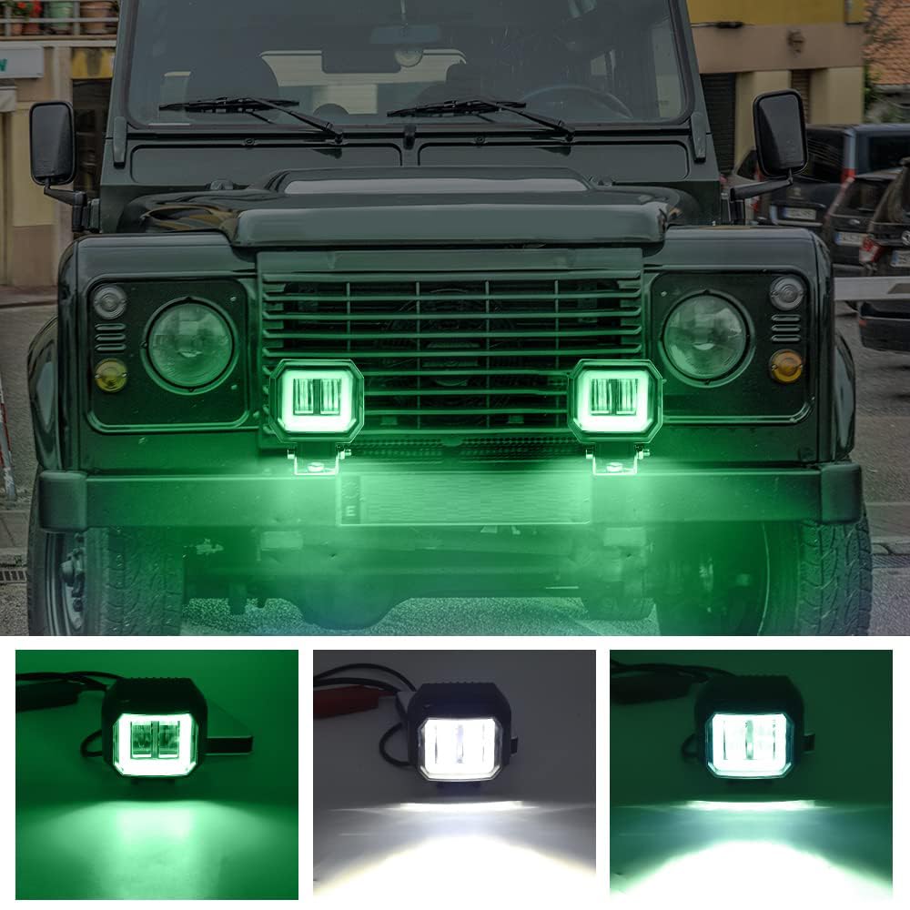 Aoling LED Auxiliary Fog Light Set with Green Halo Ring and Switch, 9–80V DC, IP68, 2 Pcs