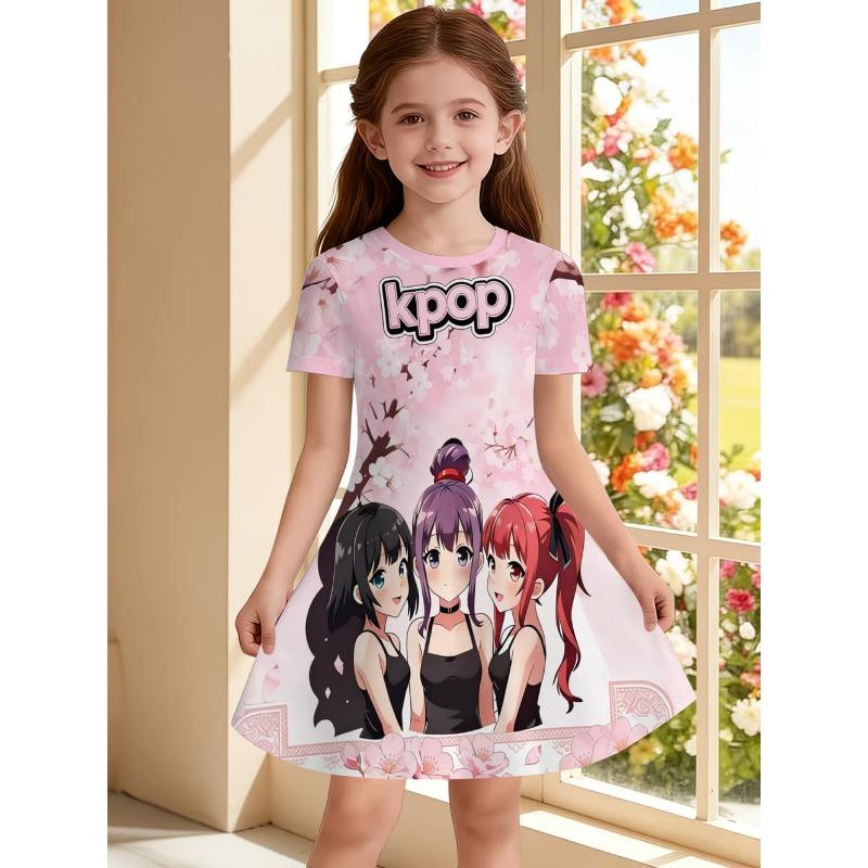 Kpop kreslené grafické šaty pro dívky Vtipný dárek pro fanouška Oblečení pro Harajuku dívky Letní topy Šaty s krátkým rukávem Dětské oblečení