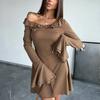 European and American women's pure color lace sweet trumpet long sleeved slim fit dress
