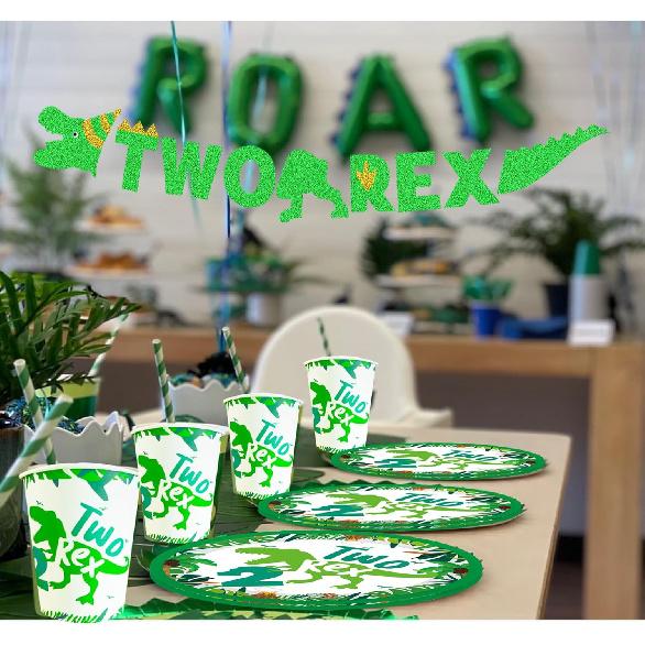 Dinosaur Birthday Decorations 2 year old Boy Plates Napkins and Cups Banners Table Cloth Three Rex Birthday Party Decorations for Boys Two Rex