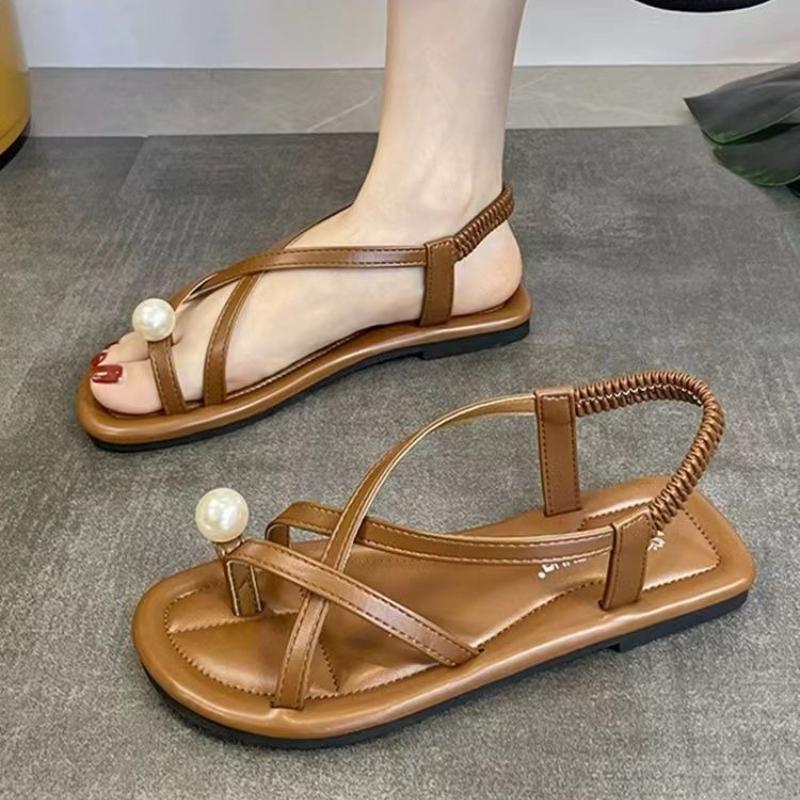 Women's Sandals Flat Rubber Roman Style Pearl Beach Ladies Shoes Original Vintage Chic and Elegant New Breathable Fashion Vip