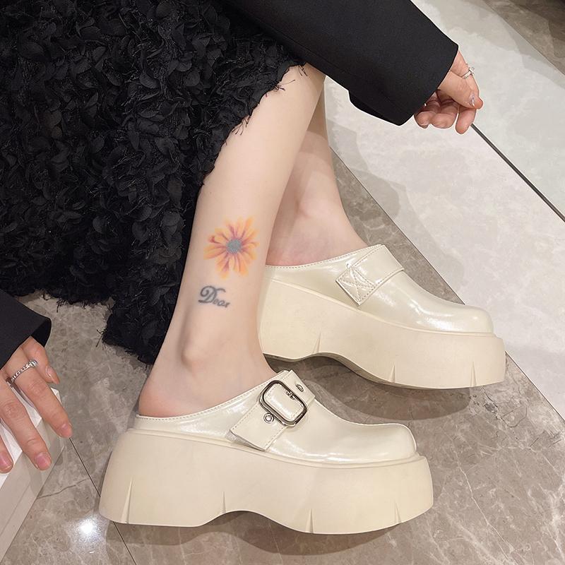 Fashion Baotou Slope Slippers Spring New Round Head Deep Mouth Rivets Metal Buckle Waterproof Platform Non-slip High Heels