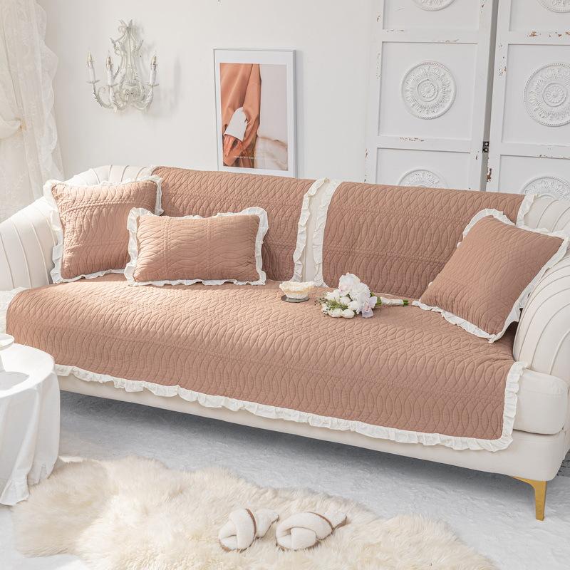 Pure Cotton Ruffled Sofa Cushion for All Seasons, Cotton Fabric Non-slip Cushion Cover, Simple Modern Sofa Cover