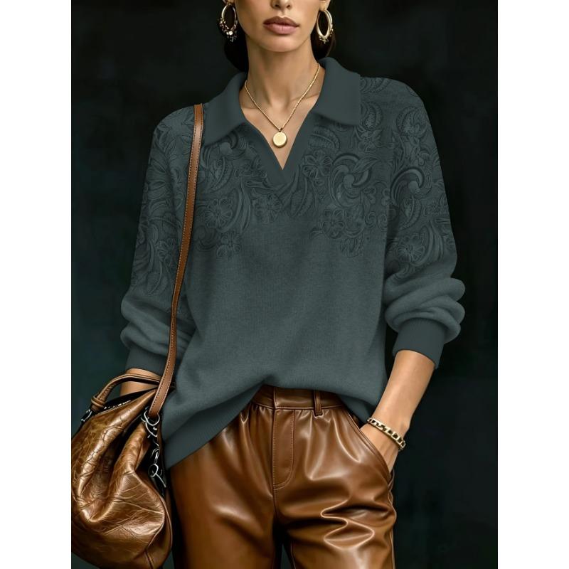 2026 New Women's Loose Printed Faux Wool Knitted Pullover Retro Paisley Jacquard Lapel Premium Gray Dark Pattern Textured Top