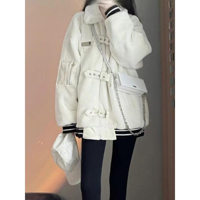 

Зимнее теплое толстое белое пальто для женщин, шикарный пояс, лоскутный дизайн, свободная куртка, женская мода, повседневная, с длинным рукавом, 2024, новинка в верхней одежде XL белый