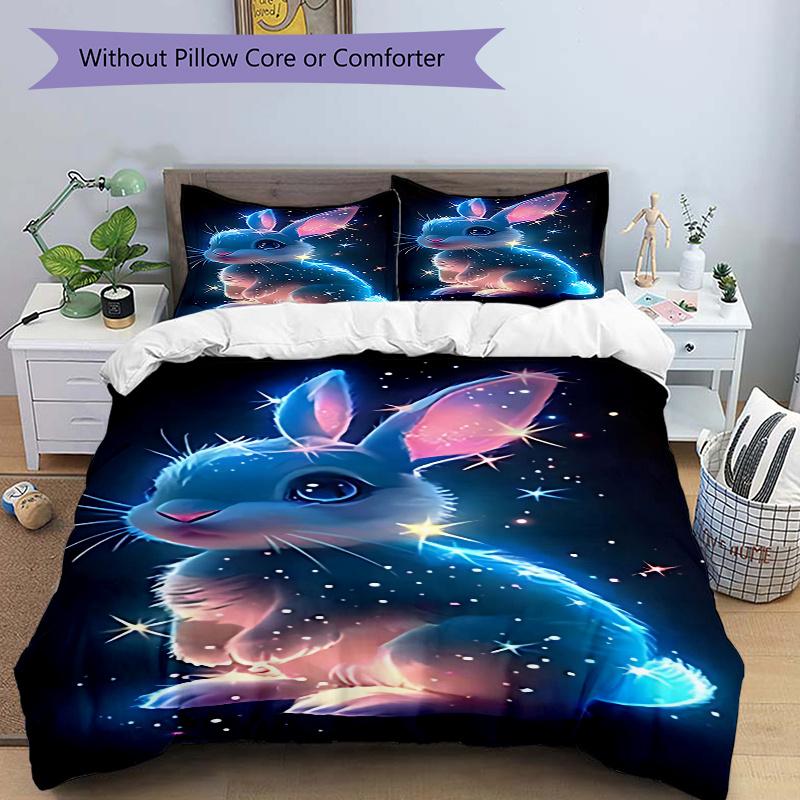 3pcs Glowing Bunny Rabbit Comforter Set with One Quilt Cover and Two Pillowcases (No Core) - Anime Cartoon Design, Polyester Fabric, Festive Gift for