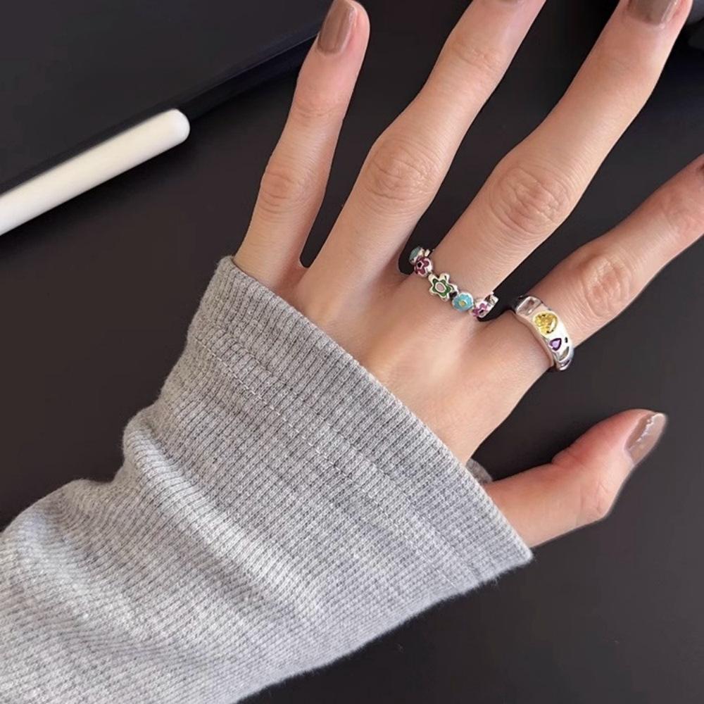 Korean colored flower dripping oil special-shaped love diamond sparkling gemstone ring opening adjustable personalized ring