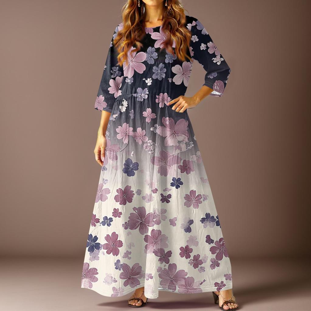 Women's Casual Fashion Vintage Floral Print Three-quarter Sleeve Long Dress With Pockets