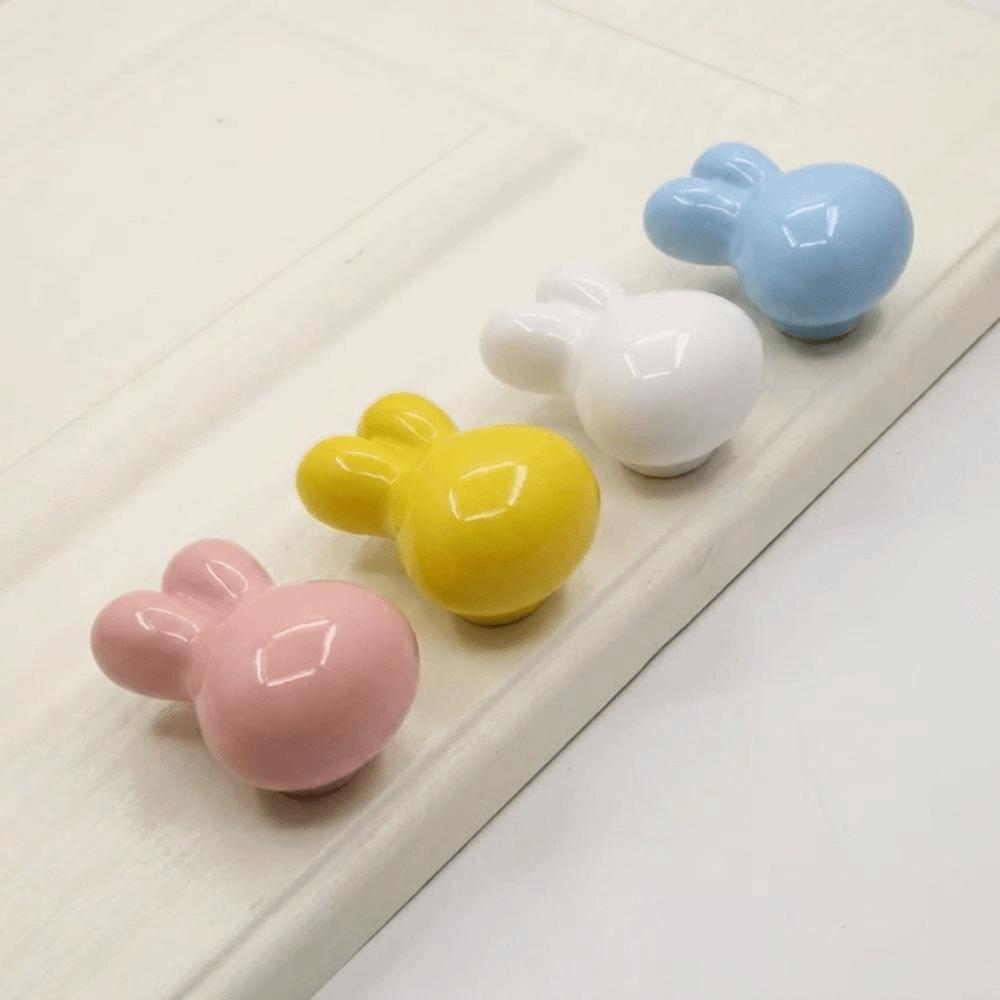 Rounded Soft Edges Ceramic Drawer Knobs Single Hole Cabinet Knobs Playful Rabbit Knobs Playroom