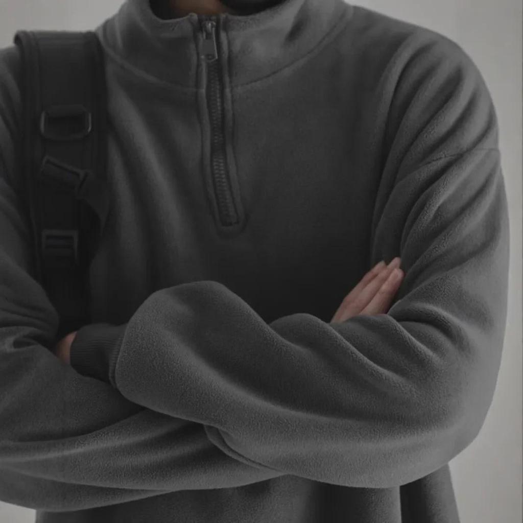 Herren-Sweatshirt im japanischen Retro-Stil mit halbem Reißverschluss und Stehkragen – doppelseitiger Samt, einfarbig für Frühling und Herbst.