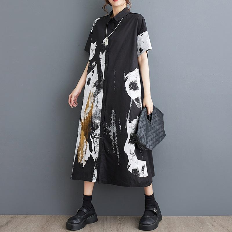 Vestidos vintage de algodón de talla grande y manga corta para mujer, vestido camisero largo holgado informal de verano