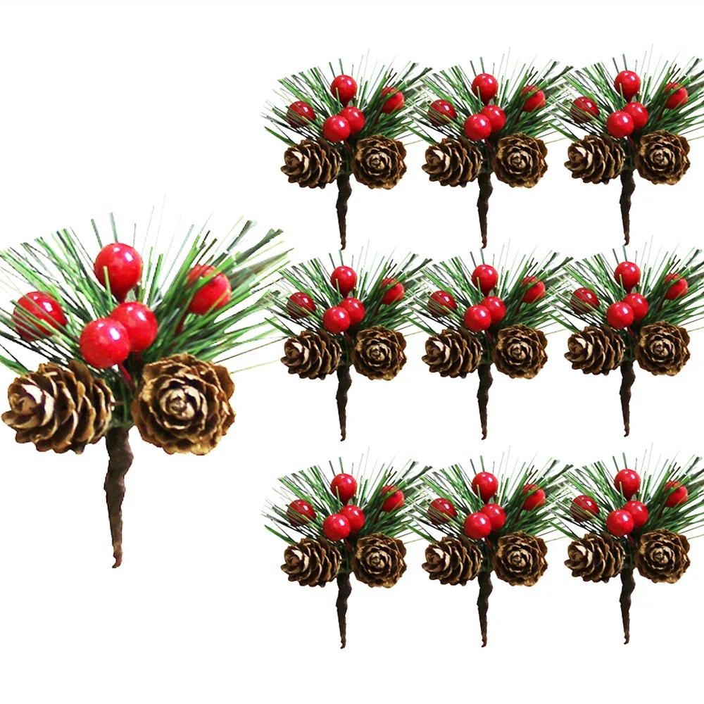 

10 шт. Искусственные рождественские сосновые иголки Имитация сосновой шишки с ветками падуба Рождественские подарки Украшение для дома и вечеринки Цветочные поделки
