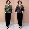 2PCS Pants Suts Spring Summer High-end Women's Velvet Plus-Size Silk Blouse Velvet Pants Two-Piece Set Loose Flocked Printed Blouse Velvet Pants Set