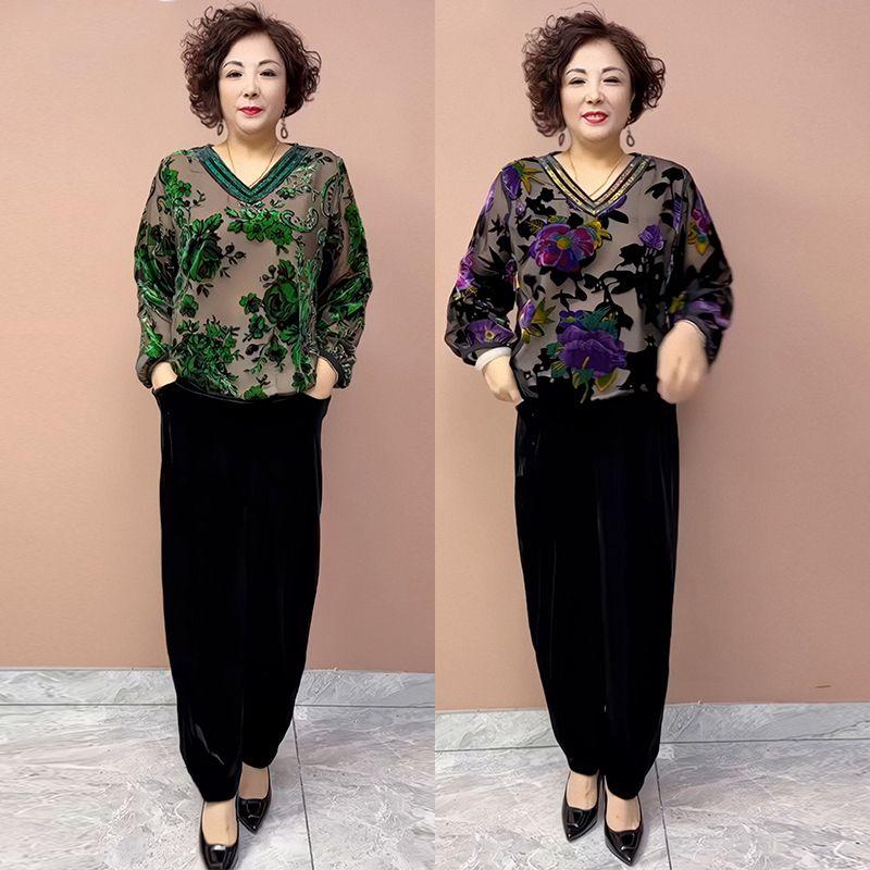 2PCS Pants Suts Spring Summer High-end Women's Velvet Plus-Size Silk Blouse Velvet Pants Two-Piece Set Loose Flocked Printed Blouse Velvet Pants Set