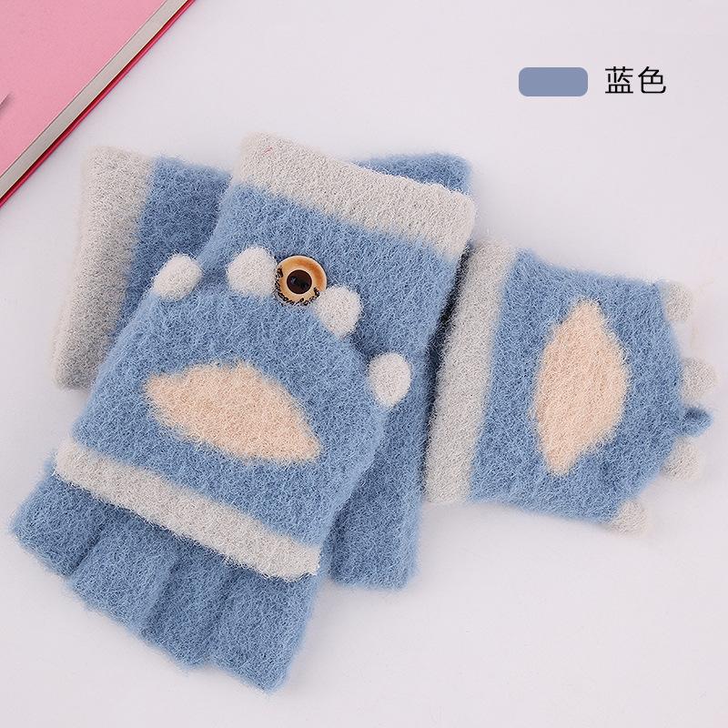 Half Finger Flip Student Gloves Winter Wool Writing Fleece Thickened Cute Cartoon Warm Dew Finger Children's Gloves