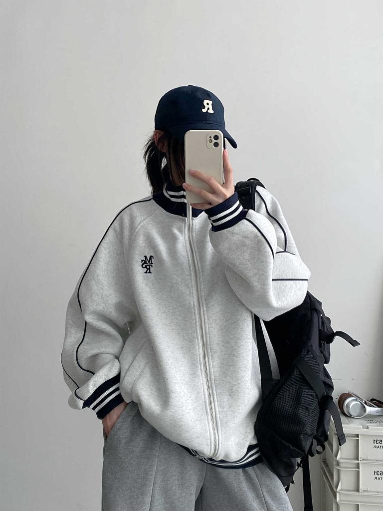 Women's Stand Collar Long Sleeve Zip Up Jacket Loose Fit Striped Embroidery Sweatshirt Baseball Outerwear