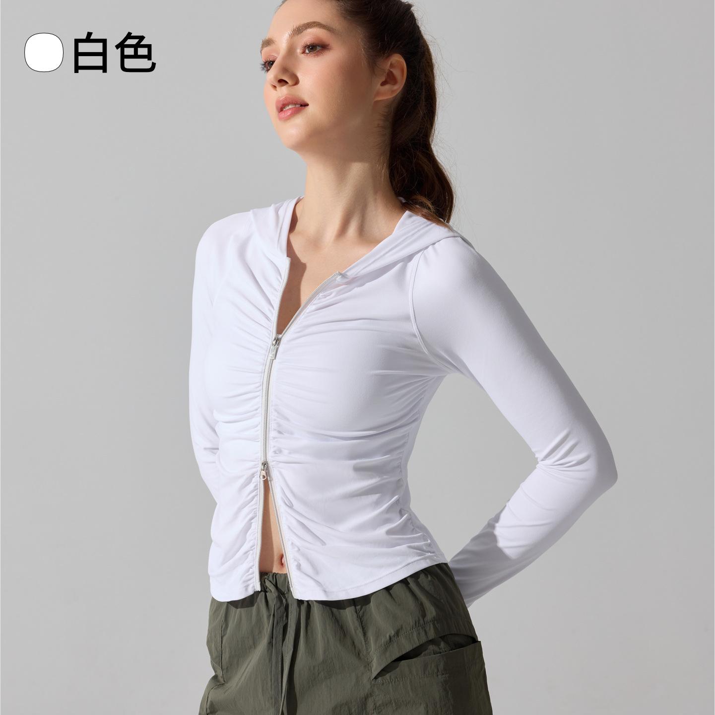 European and American cross-border sports jacket, women s quick-dry lightweight long-sleeve hooded zipper, fitness yoga wear, slim-fit running top S белый