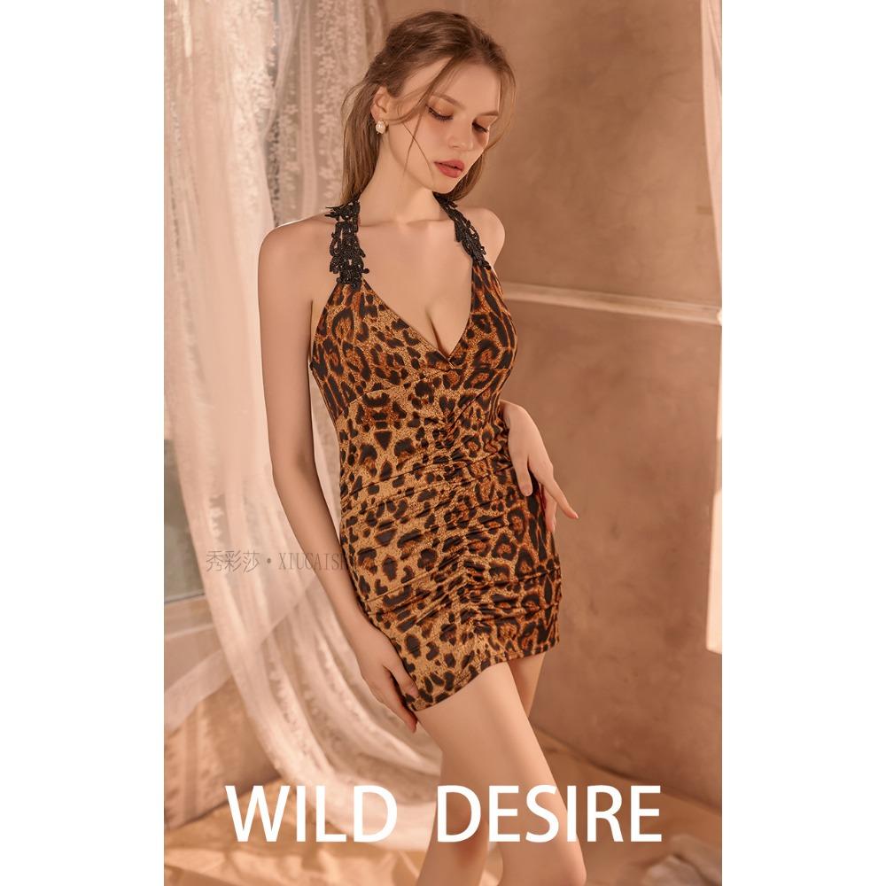 Xiucaisha Brand New Home Underwear Pure Desire Leopard Print Pajamas Seductive Sexy Suit Nightclub Hip Skirt Bed