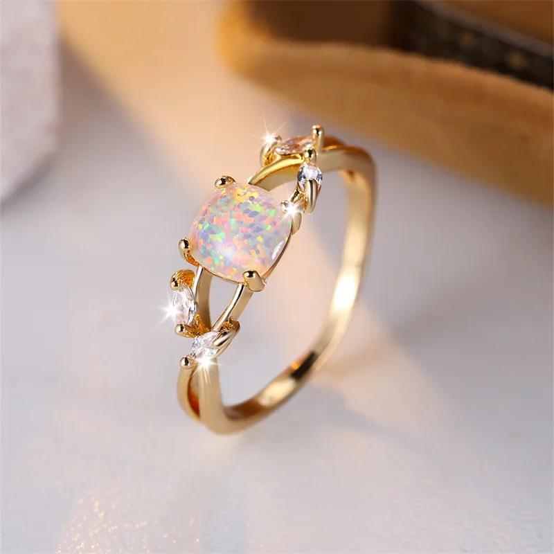 Cushion Cut Square Rainbow White Fire Opal Rings For Women Gold Horse Eye Zircon Charm Leaf Wedding Bands Party Jewelry CZ