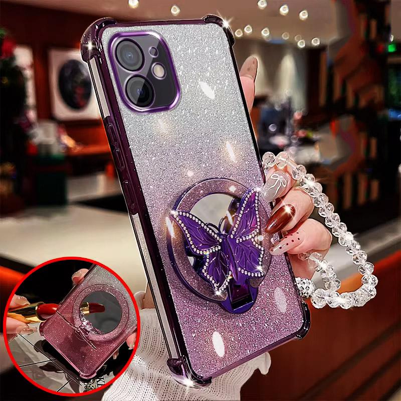 Mirror Butterfly Folding Stand Bracelet Phone Case For Samsung A56 A36 A26 A16 A06 S25 FE S24 Ultra S23 FE Plus Shockproof Cover