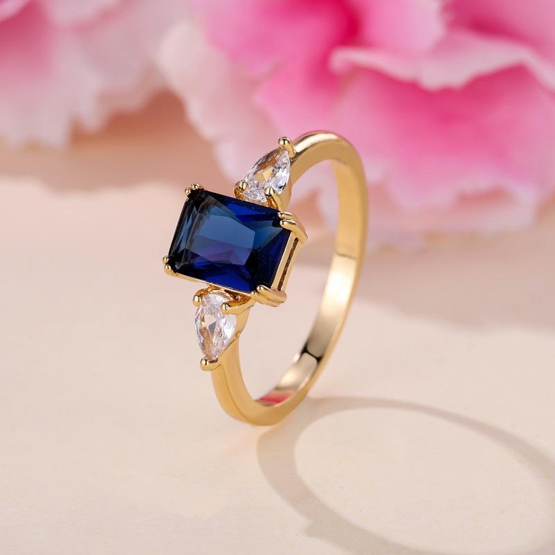 Wish European and American square inlaid sapphire with white diamond ring simple ring no. 5