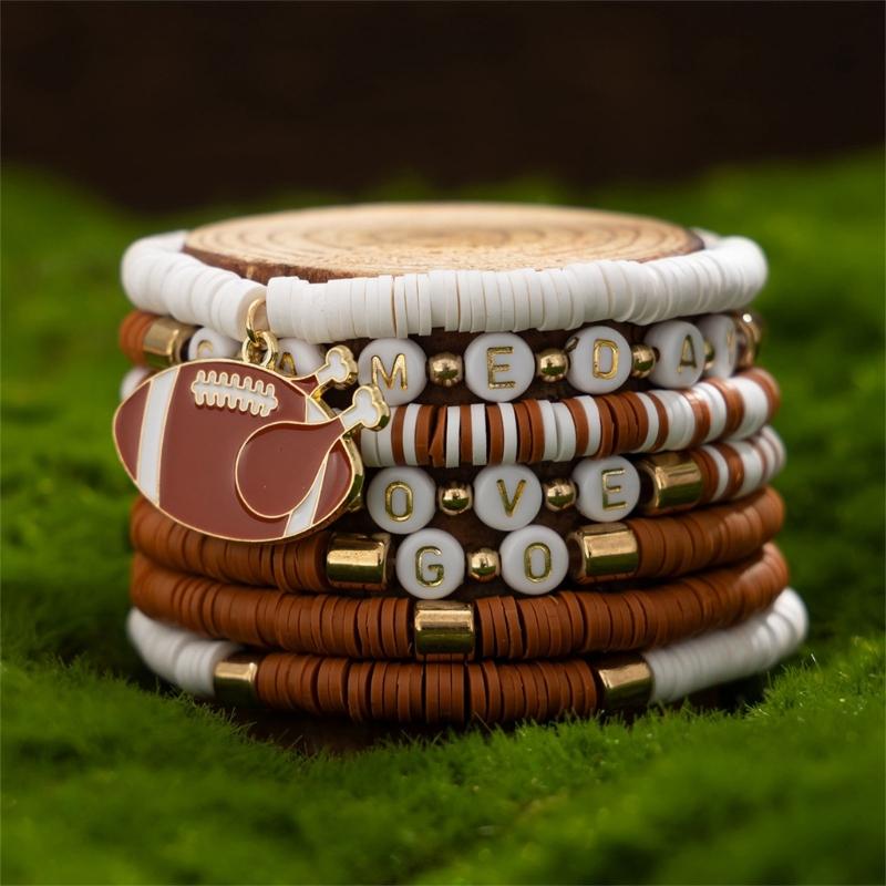 Versatile Unisex Football Charm Letter Beaded Bracelet Elastic Band Handchain for Everyday Wear Street Hand Jewelry