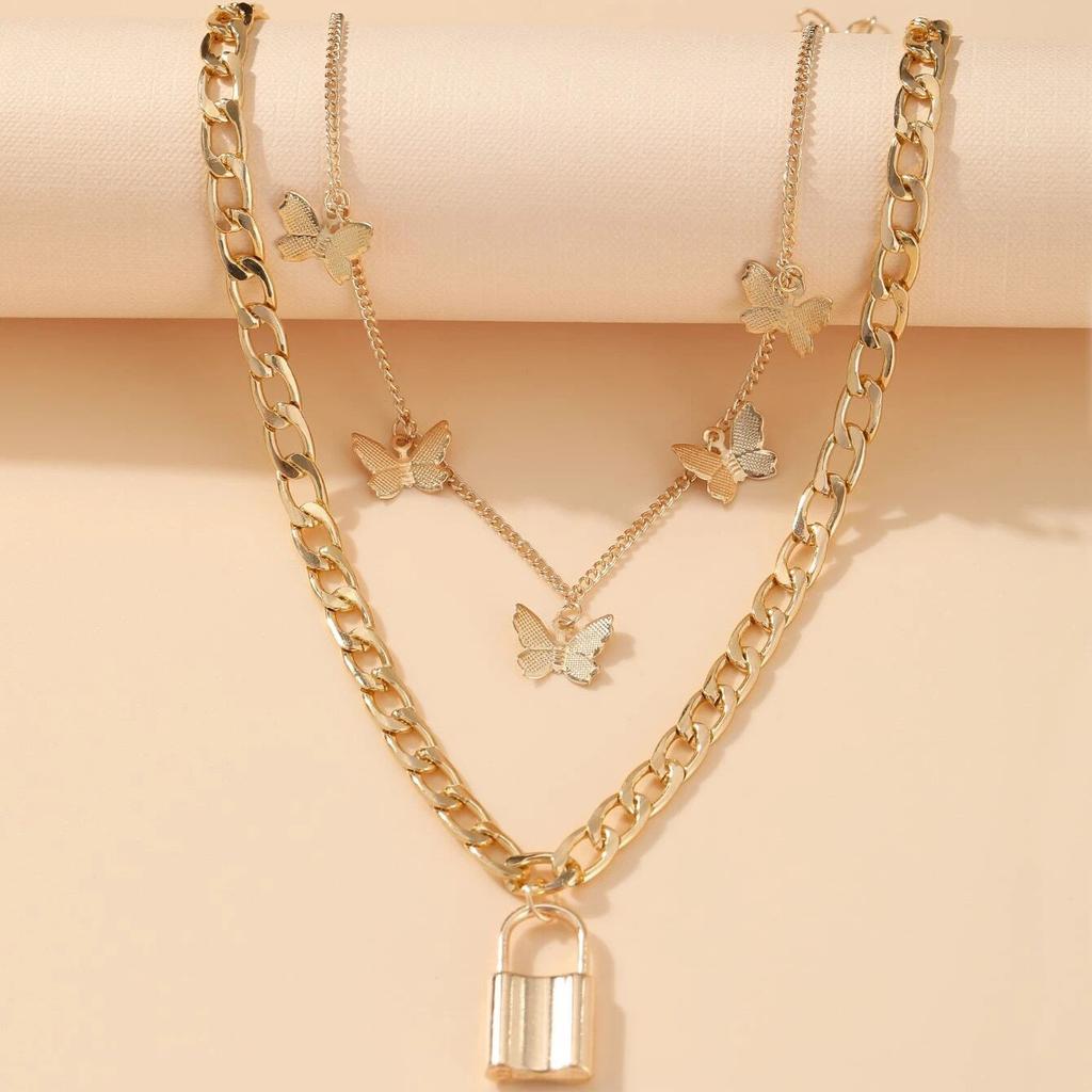 New Personalized Golden Butterfly Pendant Necklace, Creative Lock Pendant Stacked with Multi-layer Collarbone Chain for Women
