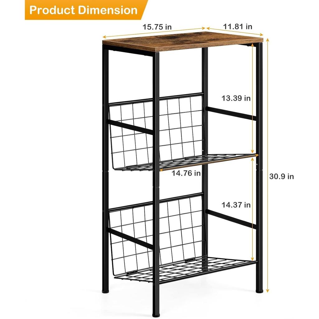 3-Tier Metal Record Player Stand - Holds 90 Vinyl Albums, Turntable Shelf for Living Room/Bedroom/Office, Brown