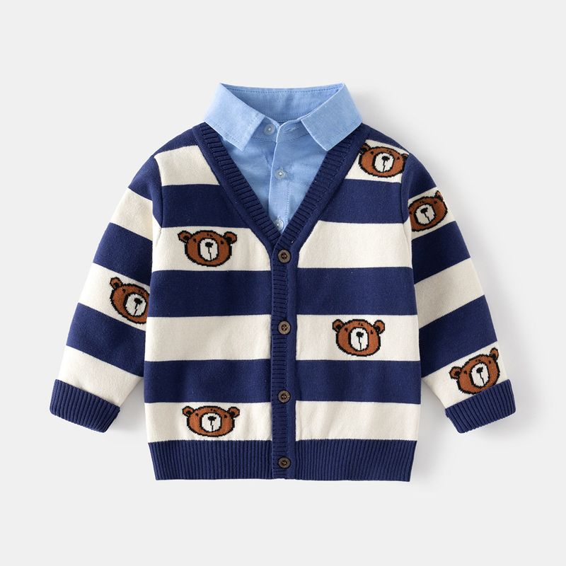 Polo Spring and Autumn Boys Bear Shirt Collar Sweater Navy Blue and Off-White Strips 90