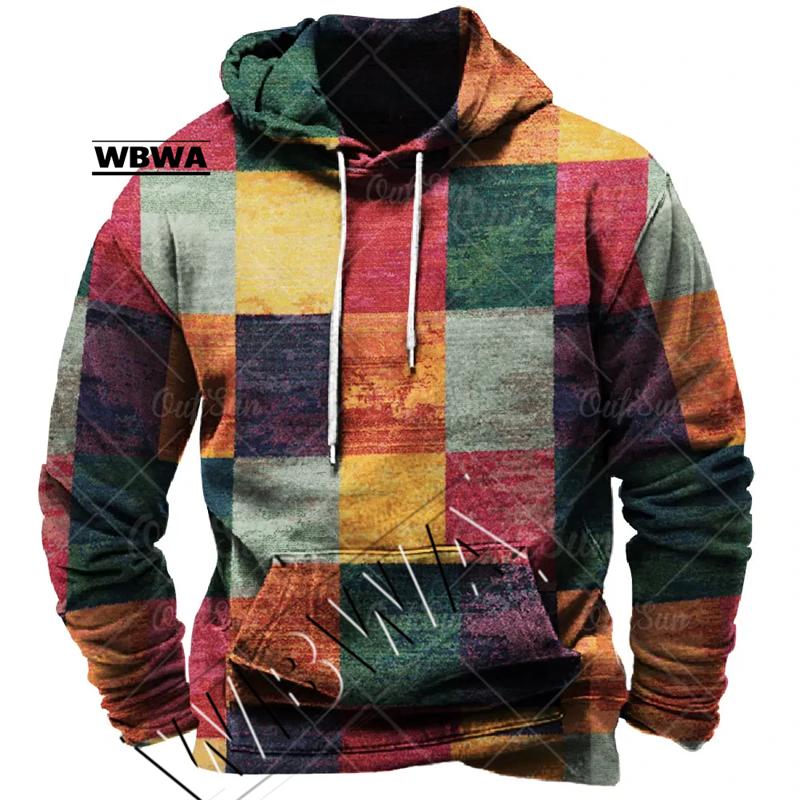 ETST0013 Vintage Heren Hoodie Voor Sweatshirt 3d Plaid Print Lange Mouw Trui Straat Man Kleding Heren Oversized Trui Met Capuchon 2023 L
