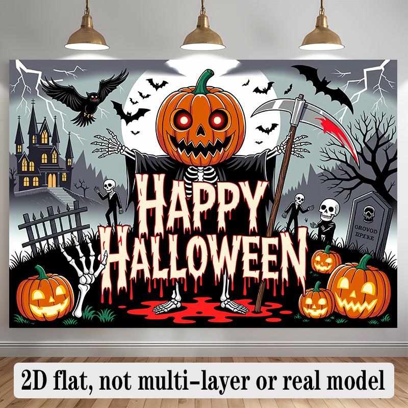 Party Backdrop Halloween Flat Banners Spooky Skeleton Pumpkin Scary Celebrations Wedding Event Backdrop Decoration Front Door Decor