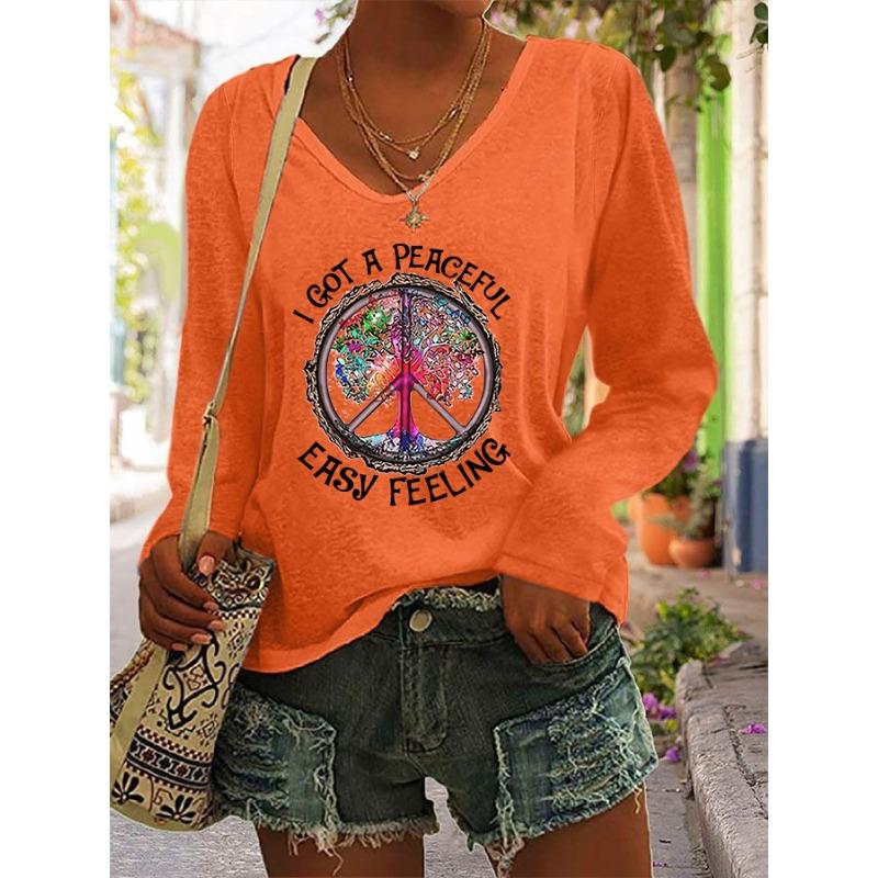 Women's Hippie Letter Print T-Shirts Retro Casual Loose Long Sleeve V Neck Tops