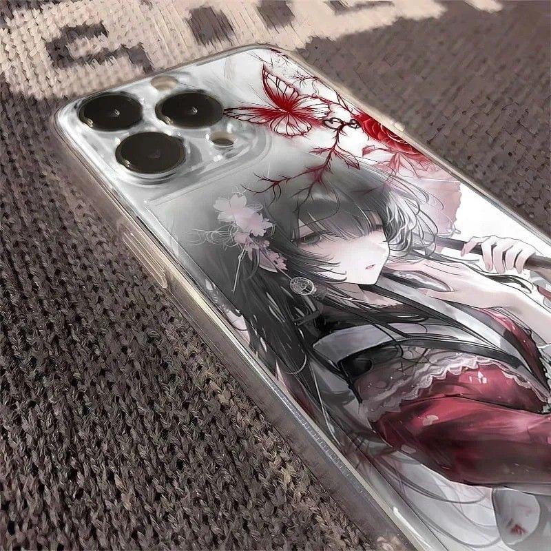 Anime Samurai Girl Kimono Sword Pattern Phone Case for iPhone 17 16 15 14 13 12 11 16E Series Pro Max Plus