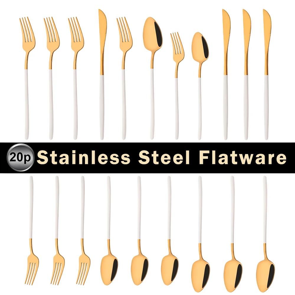 20Pcs Mirror Pink Gold Flatware Cutlery Set Sainless Steel Home Dinnerware Party Fork Spoon Knife Kitchen Dinner Tableware Set