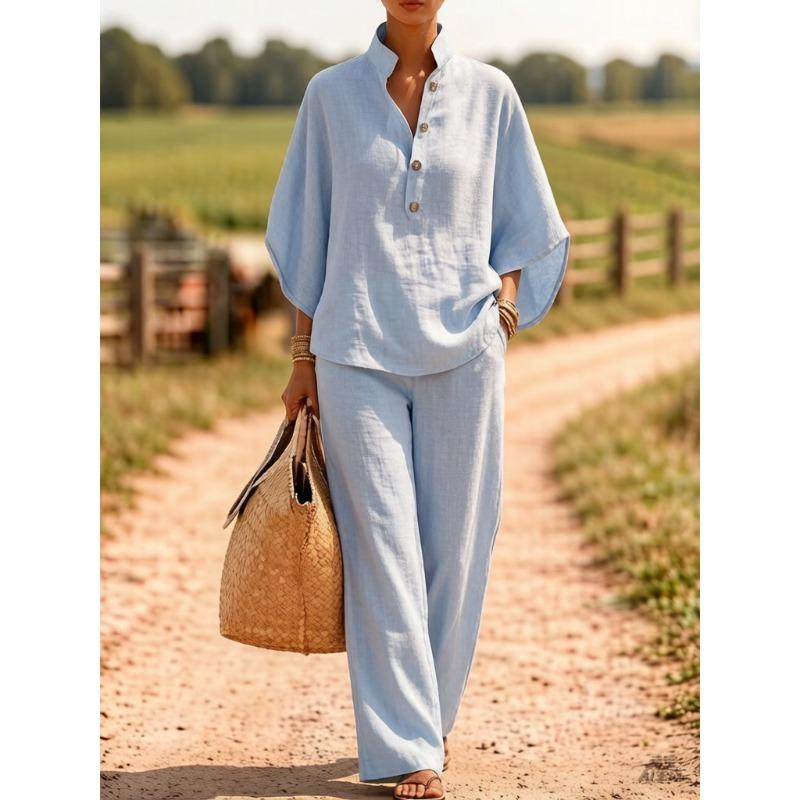 Women's Solid Color Half Placket Stand Collar Half Sleeve Shirt Wide Leg Pant Linen Two Piece Pant Suit