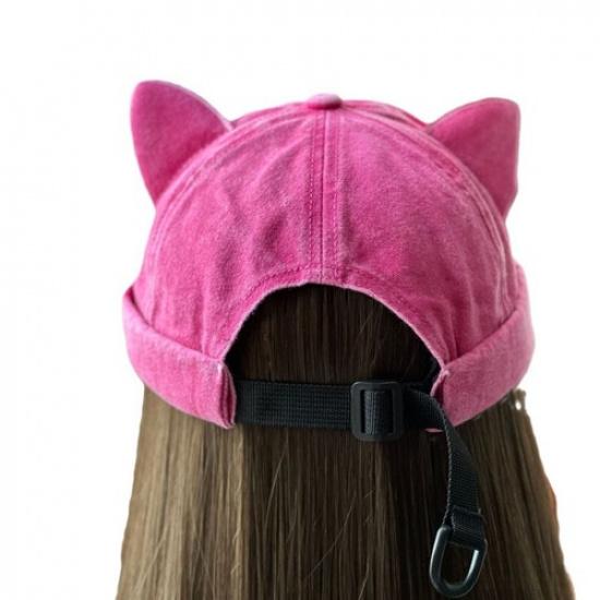 Lady Brimless Skull Cap Denim Cotton Hat Retro Cute Cat Ear Rolled Cuff Beanie