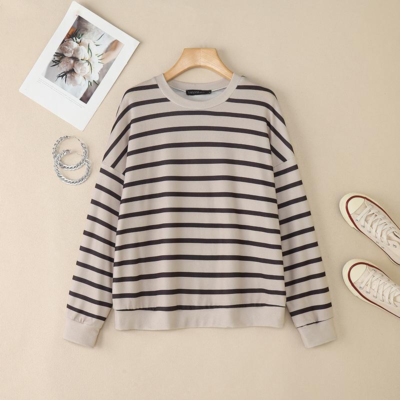 ZANZEA Women Casual Round Neck Loose Long Sleeve Stripe Print Autumn Blouse