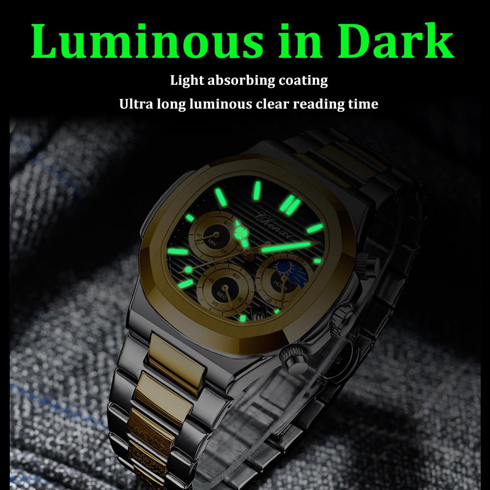 2025 Luxury Watch Men Business Fashion Waterproof Stainless Steel Chronograph Moon Phase Quartz Wristwatch Male Clock