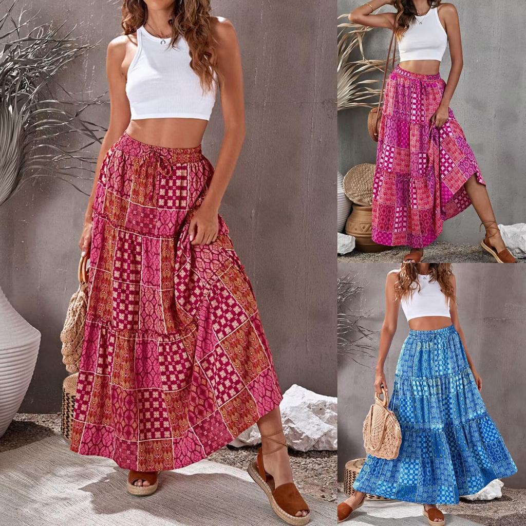Women's Ethnic Printed Bohemian Summer Long Skirt with Wide Hem